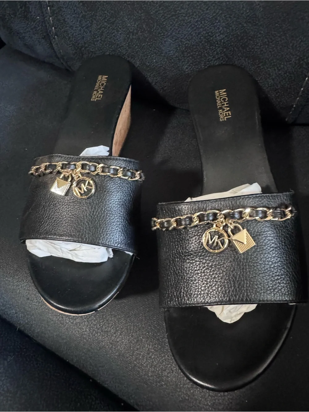 Michael Kors Black Leather Slide Mules with Gold Chain Charm
